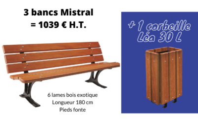 Découvrez notre offre sur le banc public Mistral et sa corbeille Léa assortie